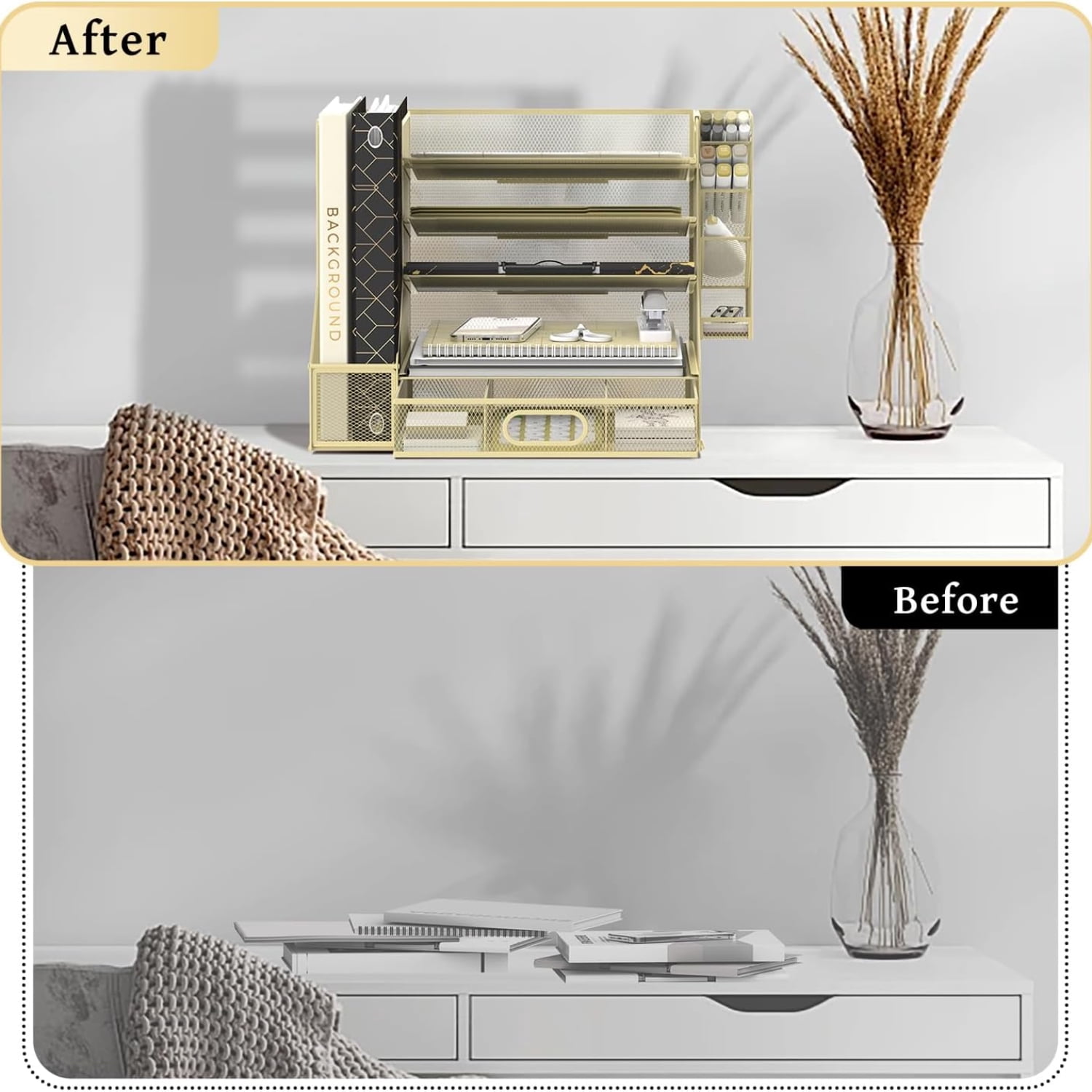 INTIGE 5-Tier Mesh Paper Organizer, Desk Organizer with File Holder, Pen Holder & Drawer for Desk Storage & Office Supplies