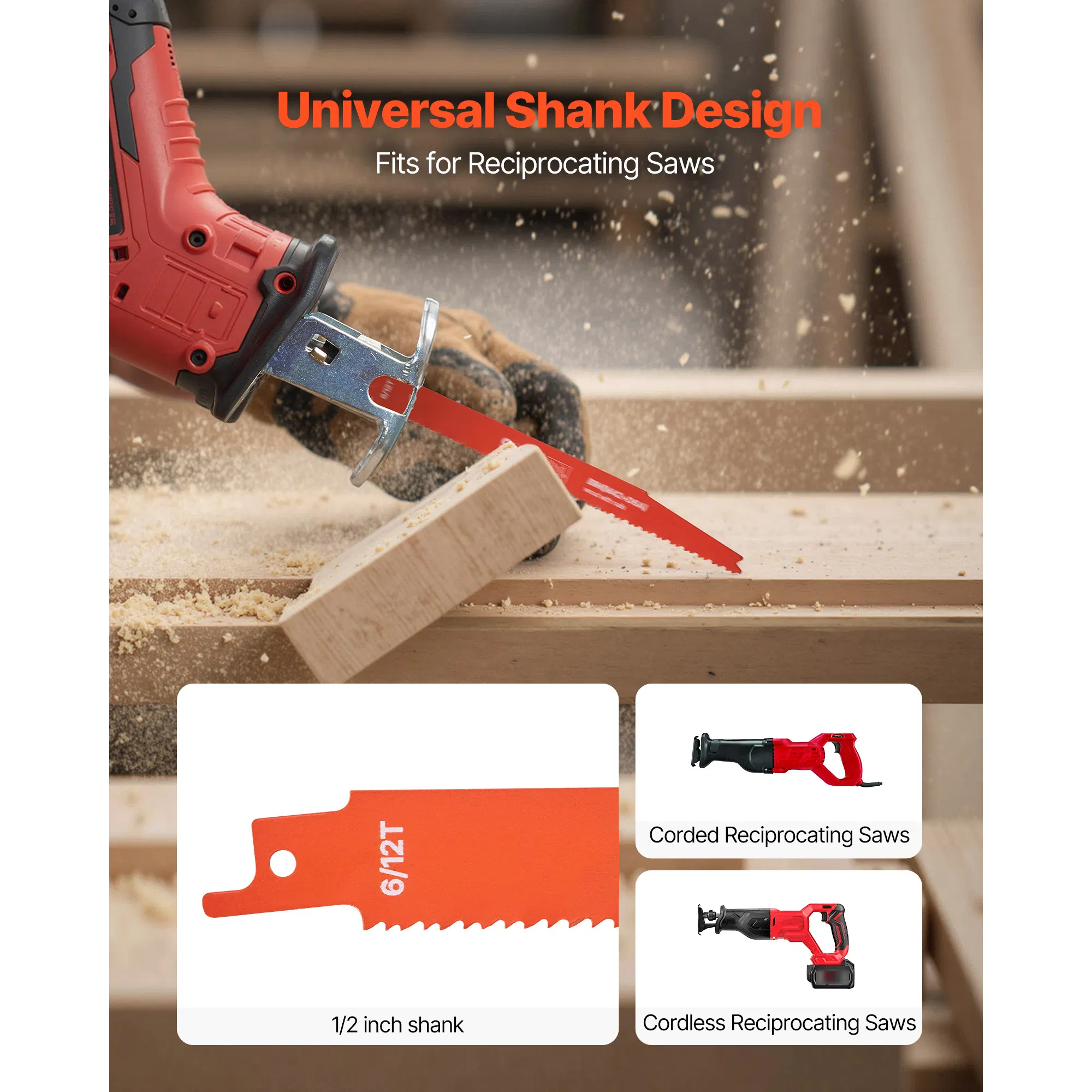 25 Pack Bi-Metal Reciprocating Saw Blades Set with Universal Shank,6/12 TPI,Sharp Teeth for Fast Smooth Cuts in Wood and Nail-Embedded Wood Demolition,Orange