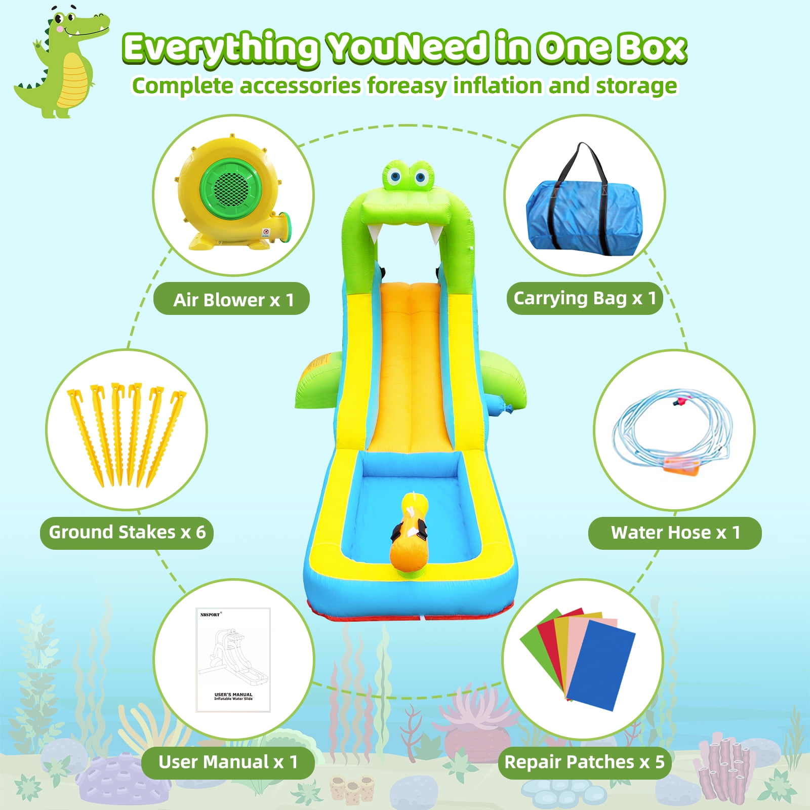 NBSPORT Inflatable Crocodile Water Slide & Bounce House for Outdoor Backyard, with Climbing Wall, Splash Pool, Water Cannon & Blower for Kids