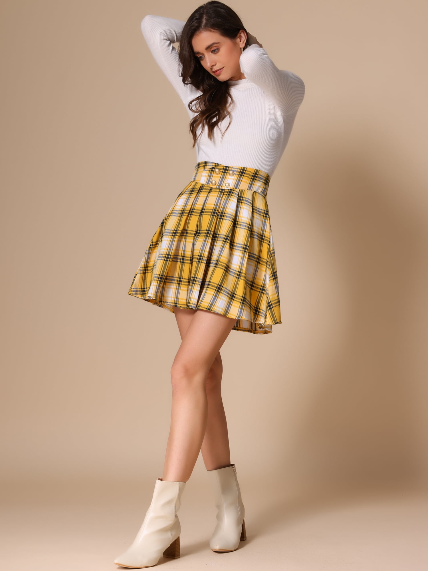 DARING DIVA Women's Plaid Tartan A-Line Buffalo Pleated Skirts M Yellow Blue