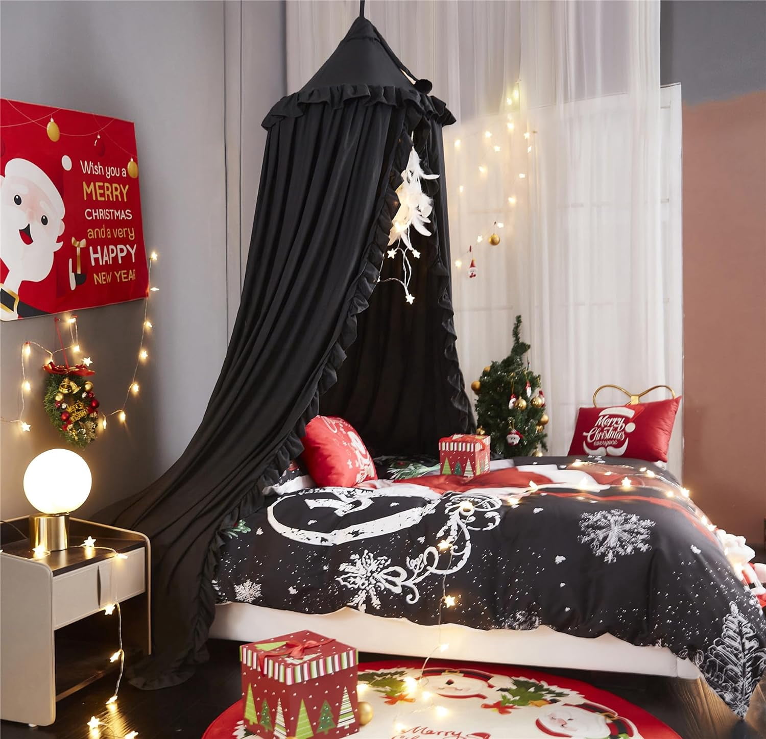 Bed Canopy for Girls,Princess Round Dome Dreamy Mosquito Net Bedding Girls Room Castle Play Tent Hanging House Decor Reading Nook Canopies (Black)