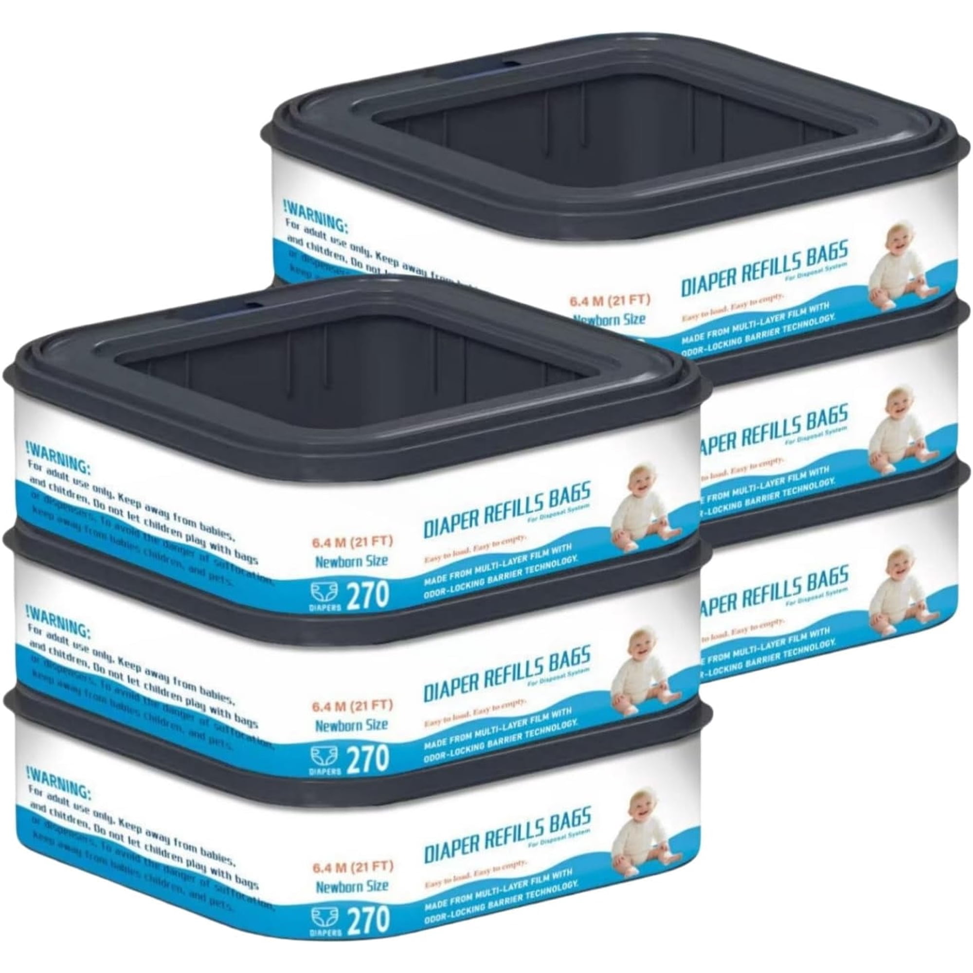 6 Packs-Standard Square Refills Disposal Bags Refill Compatible with Diaper Genie Classic, Compact and Select Pails, Hold Up to 270 Newborn-Sized Diapers Per Refill