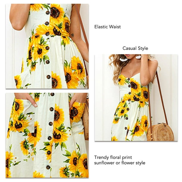 Button Dress, Skin Friendly Breathable Washable Comfortable Fashionable  Women Summer Dress For Shopping For Honeymoon For Summer Yellow  Sunflower,Dark Blue Sunflower,Red 