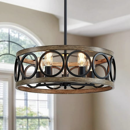 

21.7 Drum Chandelier Rustic Pendant Lighting for Living Room Dining Room Bedroom Round Metal Shade with Black + Wood Grain Finish Ceiling Light Fixture 5 E26 Bulbs(Not Included)