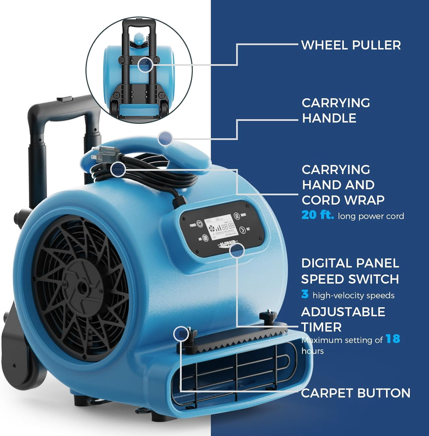 ALORAIR 3000 CFM Air Mover Blower Fan for Industrial, Floor Drying Fan, Carpet Dryer - 18 Timer, Handle Wheelkit, Digital Control, Carpet Buckles, for Water Damage Restoration and Plumbing