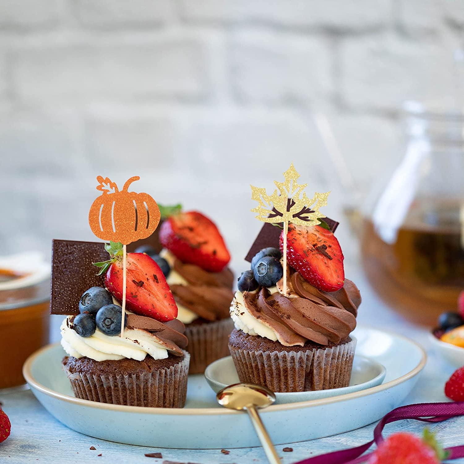 24pcs Thanksgiving Cake Topper Glitter Pumpkin Maple Leaf Cake