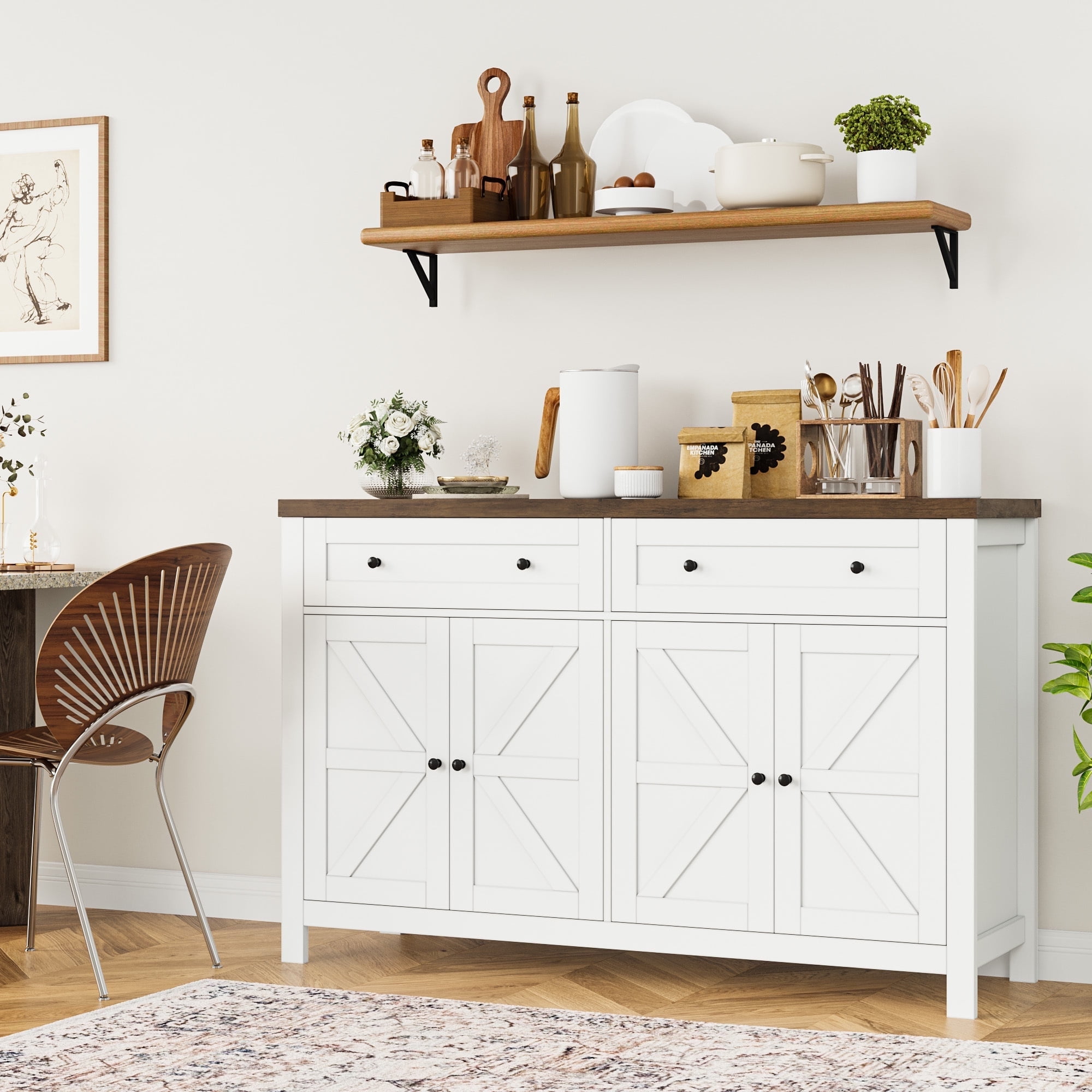 Homfa Farmhouse Kitchen Buffet Storage Cabinet, 4-Doors 2 Large Drawer Wood Sideboard Credenza with Adjustable Shelves, White-Brown