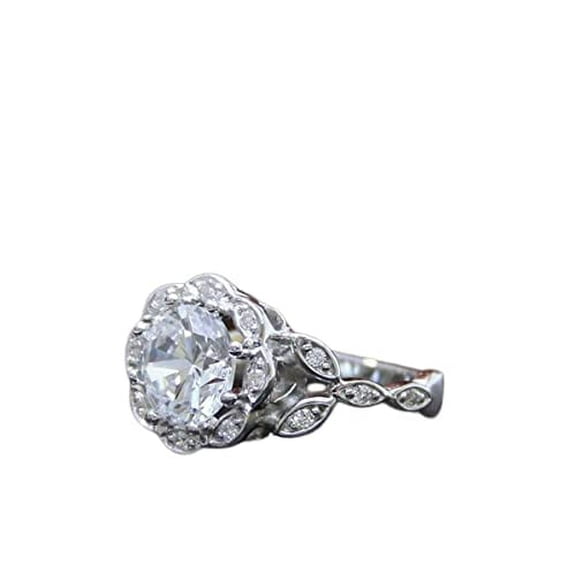 HeartsAndYou Art Deco Halo Engagement Ring for Women 3.3ct Round Cut Moissanite 18k White Gold over Silver