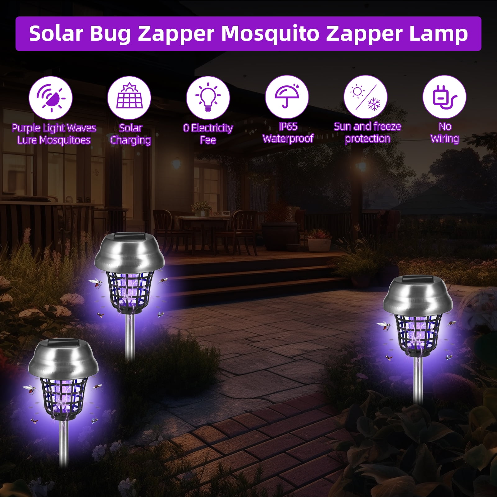 Outdoor Solar Bug Zapper Repellent Lamp Stake Light, 2-Pack, Effective Mosquito & Fly Killer for Yard Garden Camping