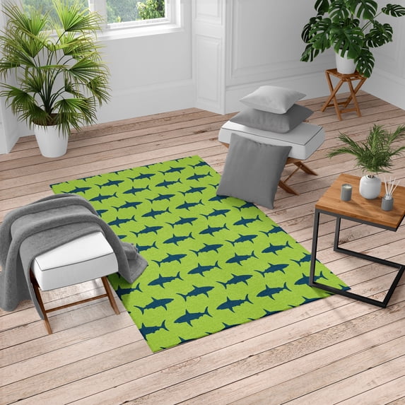 Sea Animals Turkish Area Rug, Sharks Swimming Horizontal Silhouettes Powerful Dangerous Wild Life, Carpet for Living Room Decor, 4' X 5.7', Dark Blue and Lime Green, by Ambesonne