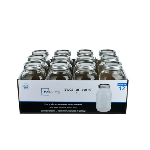 Mainstays Clear Glass Canning Jars, 1L, 12 Pieces