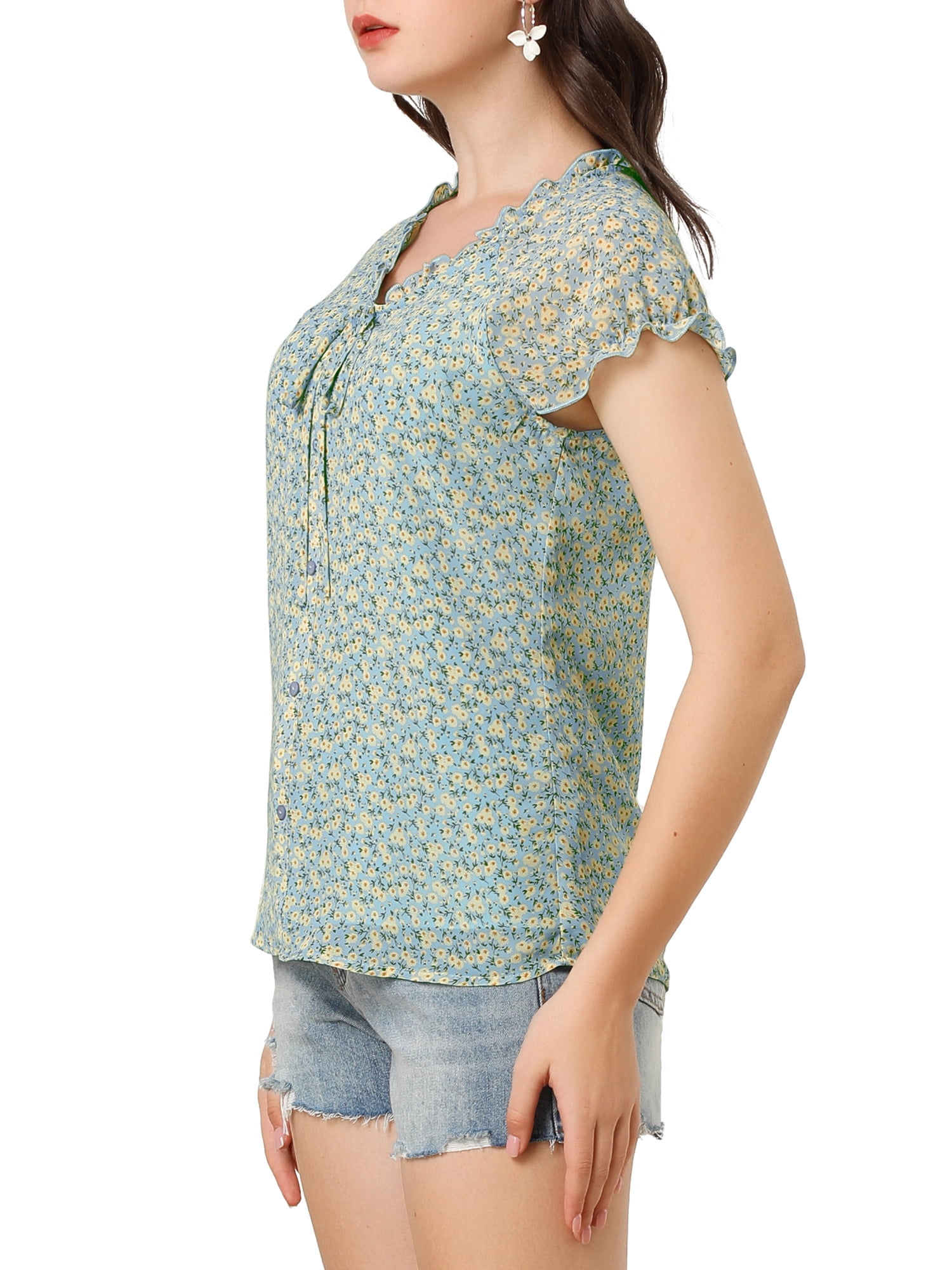 DARING DIVA Women's Ruffle V Neck Cap Sleeve Chiffon Floral Blouse Top M Light Blue