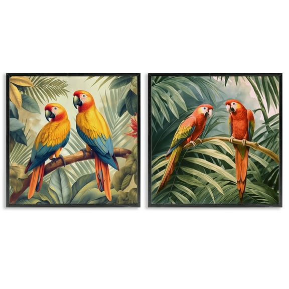 Stupell Industries Resting Parrots Among Jungle Animals Painting Black Framed Art Print Wall Art, 12 x 12, Set of 2