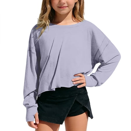 Curuila Children Girls Tops Loose Fit Long Sleeve Crew Neck Solid Color Fashion Comfort Tee Light Purple Size 4-5 Years
