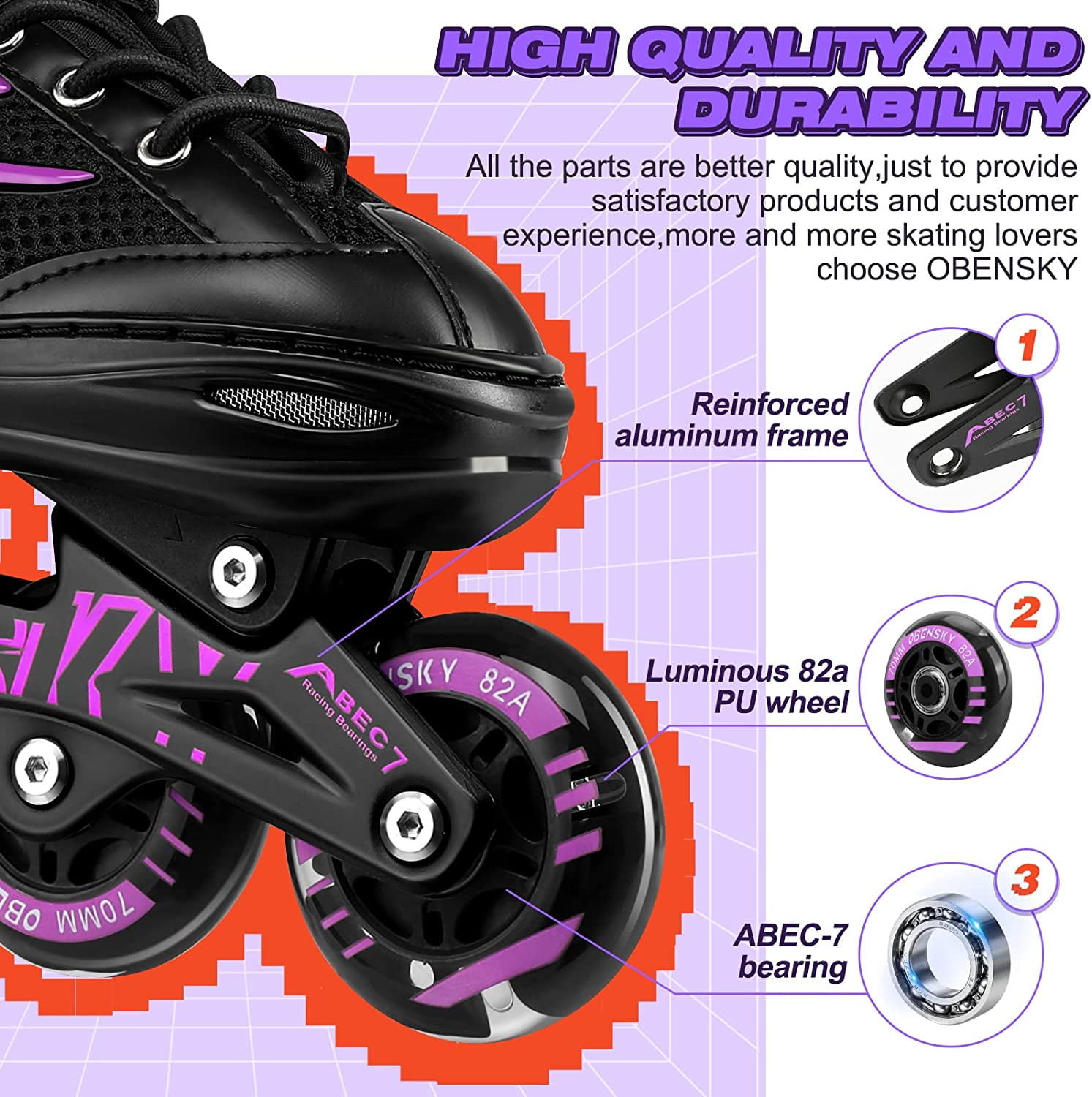 (2 pack) OBENSKY Adjustable Inline Skates, Illuminating Roller Blades for Kids,Girls&Boys Beginner w/ Light up Wheels-Purple