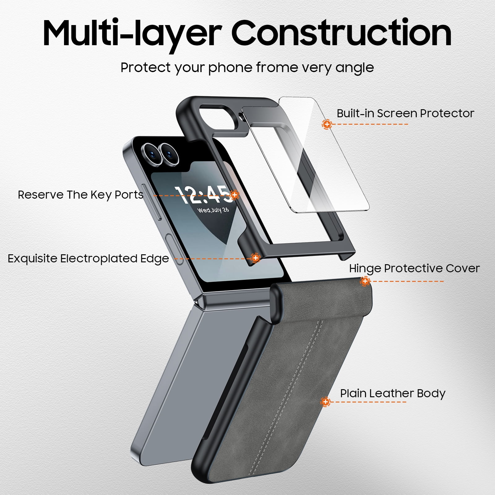 Oupeigar for Samsung Galaxy Z Flip 6/7FE Phone Case,with Hinge Protection & Screen Protection,Ultra Thin Leather Shockproof Cover Case-Gray
