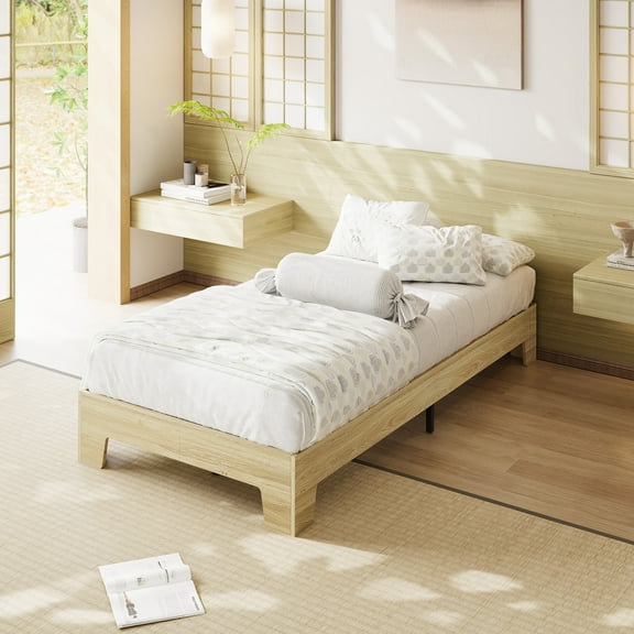 Solid Wood Bed Frame, Twin Size Bed Base with Wood Slat Support, Sturdy, Stylish & Noise-Free Design, No Box Spring Needed, Easy Assembly