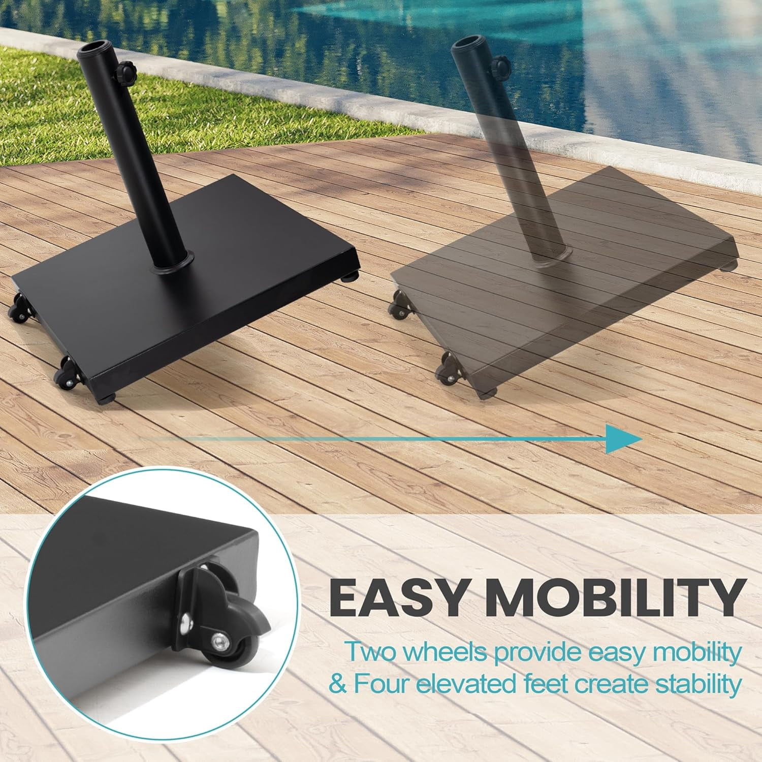 Patio Umbrella Base 43lbs Outdoor Umbrella Stand with Wheels, Heavy Duty Square Concrete Stand Market Umbrella, Black
