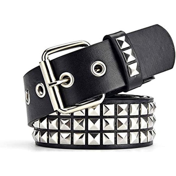 Studded Belt, 3 Row Metal Pyramid Silver Square Beads Punk Leather Belt, Gothic Punk Pants Jeans Belt for Women Men Silver
