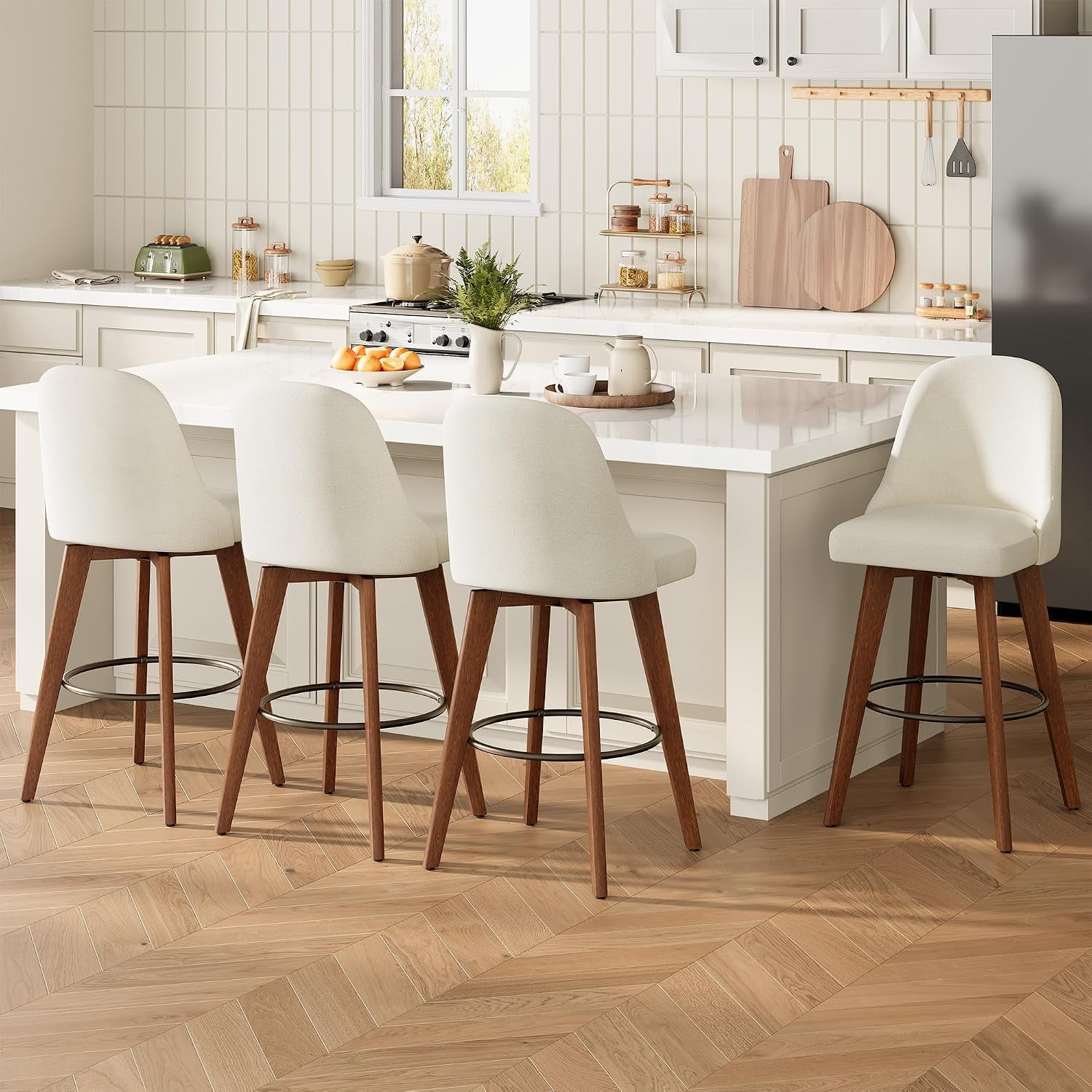 Senfot 26" Counter Height Bar Stools Set of 4 – Linen Fabric Upholstered, 360° Swivel, Wood Legs, with Backs, for Kitchen Island, White