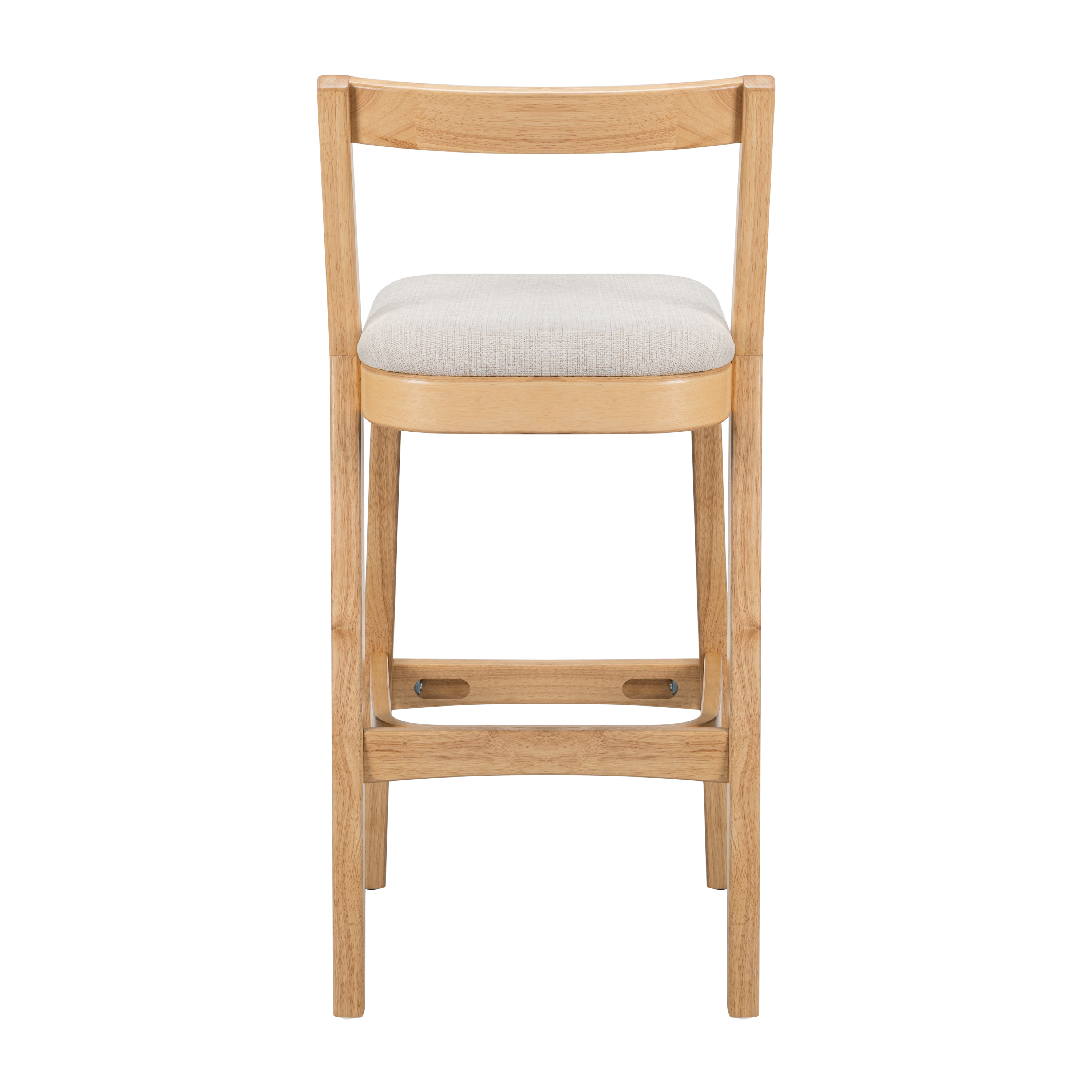 Counter Height Bar Stools, Rubberwood Stools with Beige Polyester Fabric Seat and Natural Wood Finish, Rustic Dining Stools for Kitchen, Pub, Dining Room, Set of 2