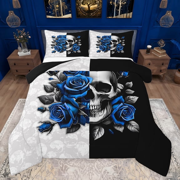 Feelyou Gothic Skull Teens Full Size Comforter Sets, Valentine's Day Rose Bedding Comforter Set, Black Blue Flower Reversible Bedding Sets, Super Cozy Room Decor, 3-Piece