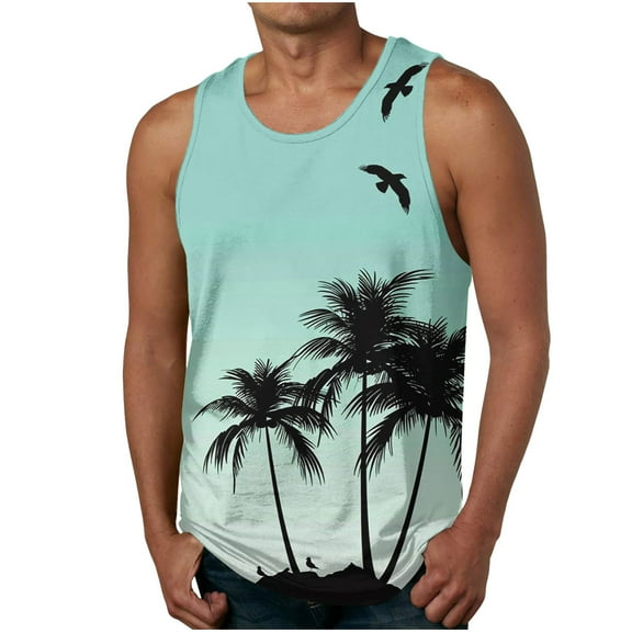 Taqqpue Mens Summer Beach Tank Top Casual Tropical Hawaiian Palm Tree Print Sleeveless Shirts Quick Dry Muscle Tee Vacation Shirts