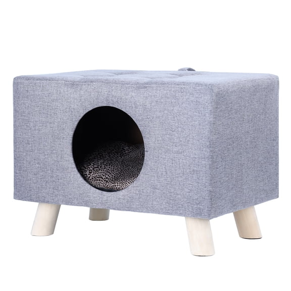 Wood Pet House Bench with Cushion, Cat Cave with Mat & Foot Rest Stool, Multi-Functional Cube House for Cats and Small Dogs, Indoor Pet Furniture