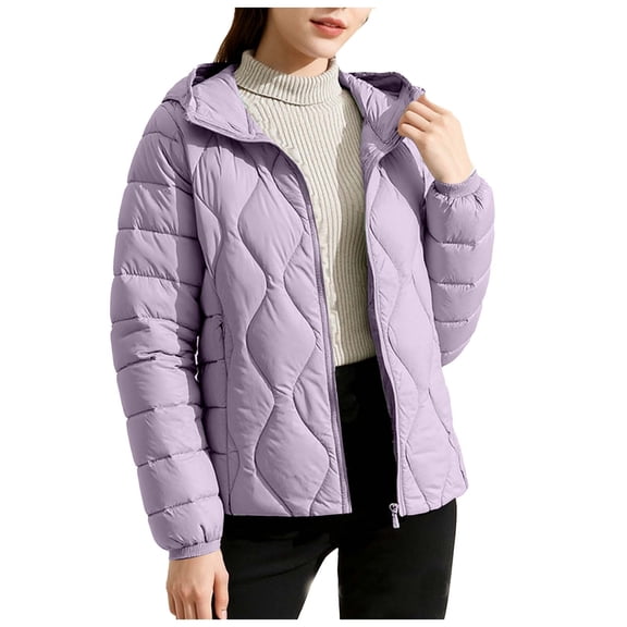 Womens Light Hooded Down Jacket Winter Warm Full Zip Quilted Puffer Padded Coats Casual Fashion Outerwear (XXS, Purple)