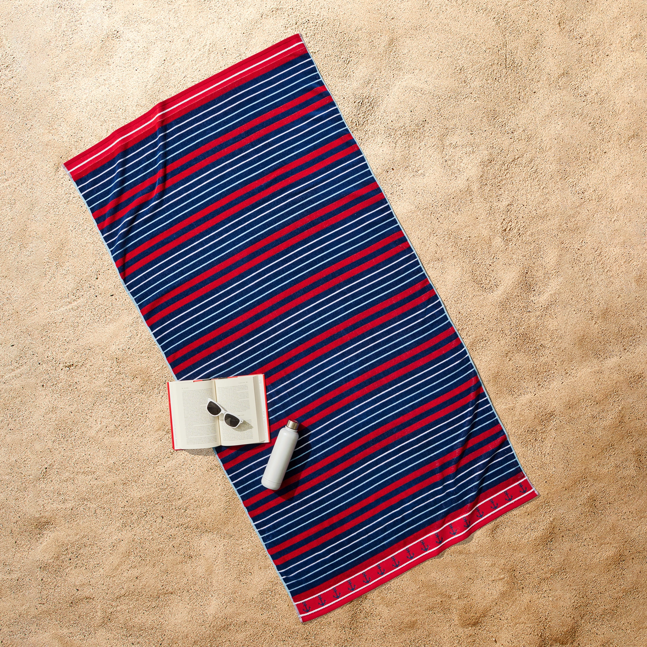 Better Homes & Gardens Coastal Clarence Striped Navy & Red Cotton-Blend Beach Towel