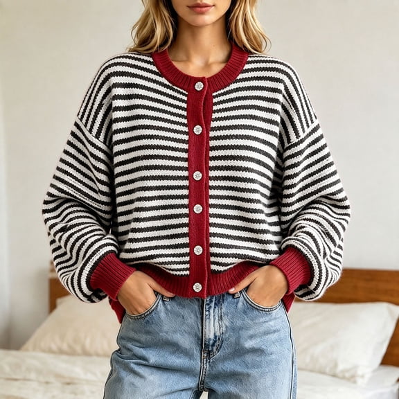 Womens Cardigan Striped Button Down Crewneck Long Sleeve Knit Sweater Casual Fall Tops for Women Black L