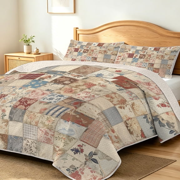FIVERAM Floral Patchwork Quilt Set King/Cal King Size,3 Piece Lightweight Beige Bedspread for King Bed,Reversible Coverlet Bedding Set All Season