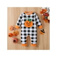 thumbnail image 2 of Genuiskids Newborn Baby Boy Girl Halloween Jumpsuit Long Sleeve Pajamas Crew Neck Plaid Embroidery Pumpkin One Piece Romper Fall Winter Bodysuit 0-18M, 2 of 9