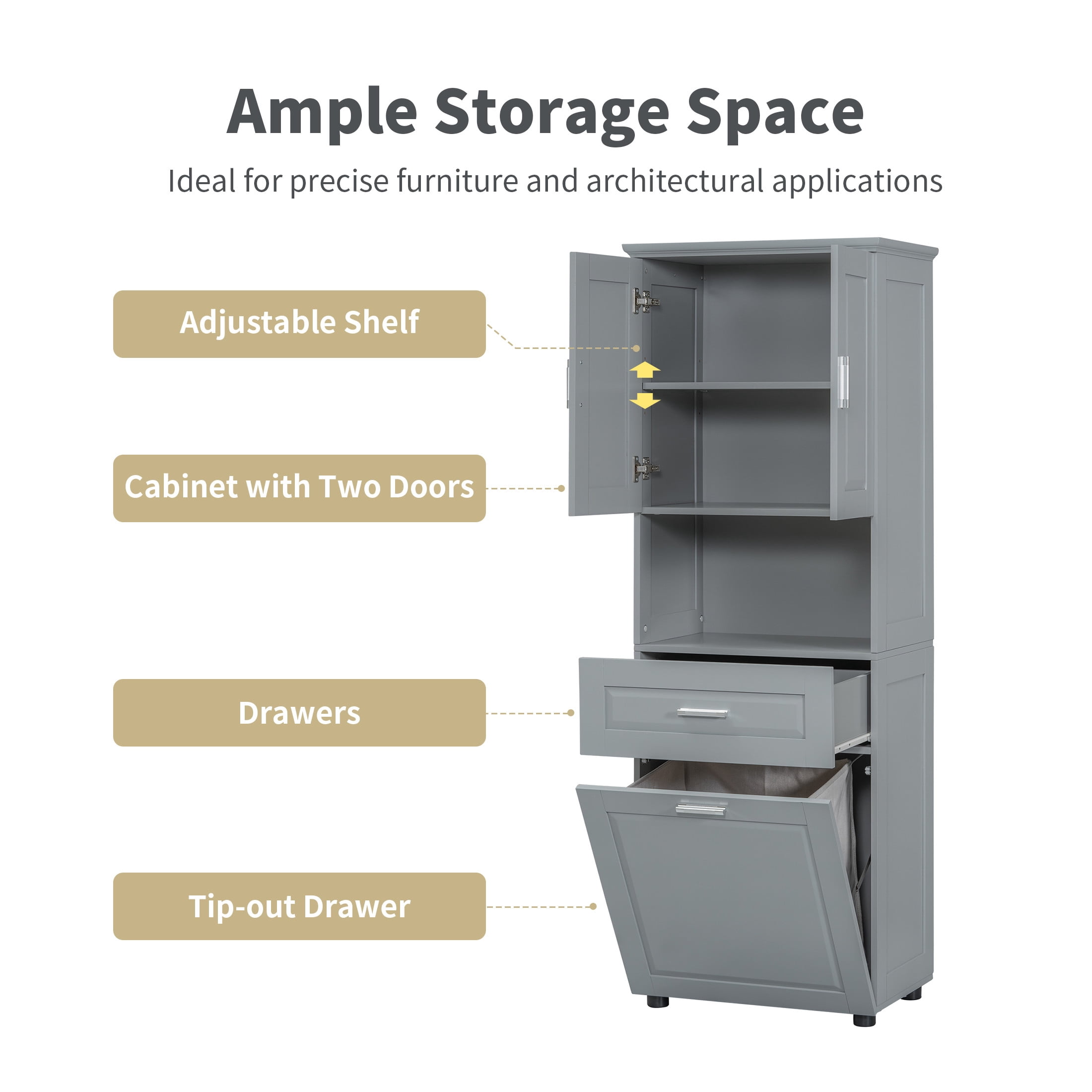 GDF Studio 69.9" Tall Bathroom Storage Cabinet with Tilt-Out Laundry Basket, 2 Doors, 2 Shelves and 1 Drawer, Gray
