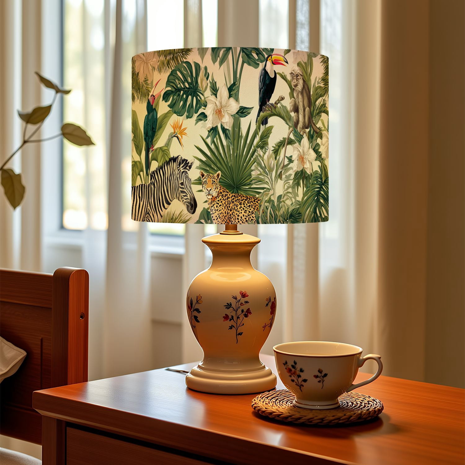 Linen Drum Lamp Shades exotic trees animals tropical jungle monkey zebra bird 13" x 13" x 10" Lampshade for Table Lamps Floor Lamps Lamp Shade Replacement Easy Assembly Required