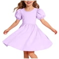 thumbnail image 3 of LJEFF Girls Puff Sleeve Dress, Casual A-Line Flowy Crew Neck Soft Crisscross Back Dresses for Kids Purple Size 12, 3 of 9