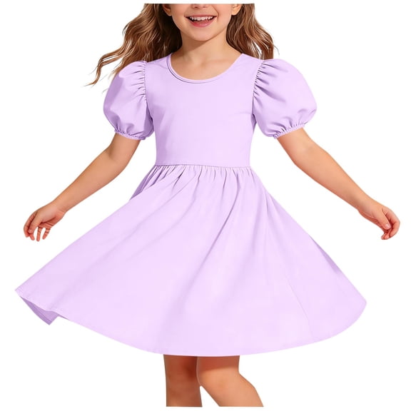 Fesfesfes Girls Crisscross Back Puff Sleeve Dress Flowy A Line Ruffle Hem Casual Party Wear Comfortable Stretchy Fabric for Big Kids Twirl Friendly Everyday Outfit(Purple,7-8 Years)