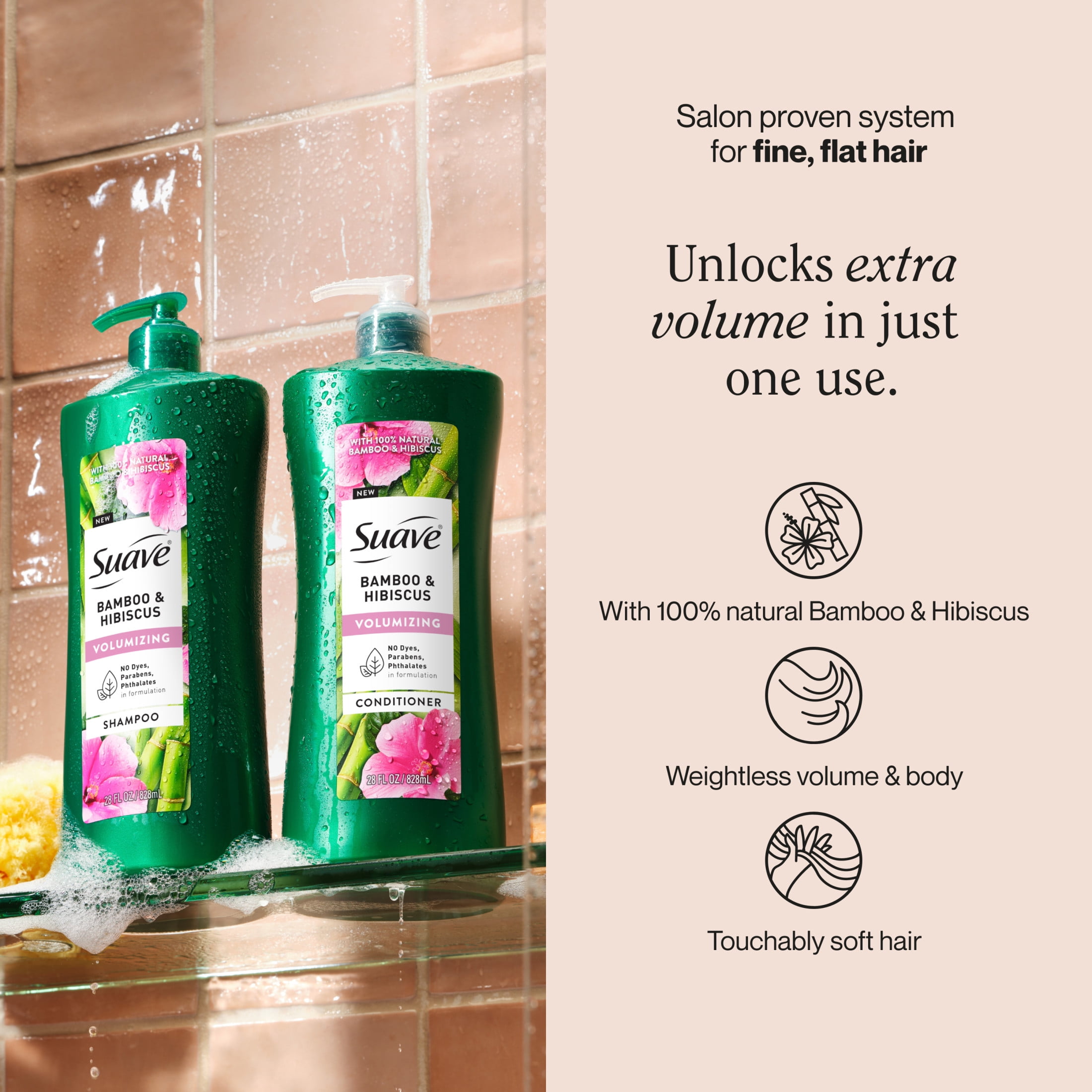 Suave Bamboo & Hibiscus Volumizing Shampoo, for Fine & Flat Hair, 28 fl oz with Pump