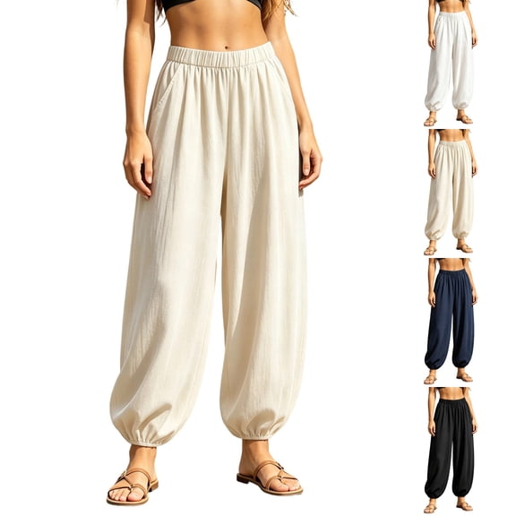 Kojanyu Women's Cotton Linen Harem High Waist Joggers Elastic Waist Wide Leg Balloon Trousers Casual Loose Beach Lounge Pants with Pockets