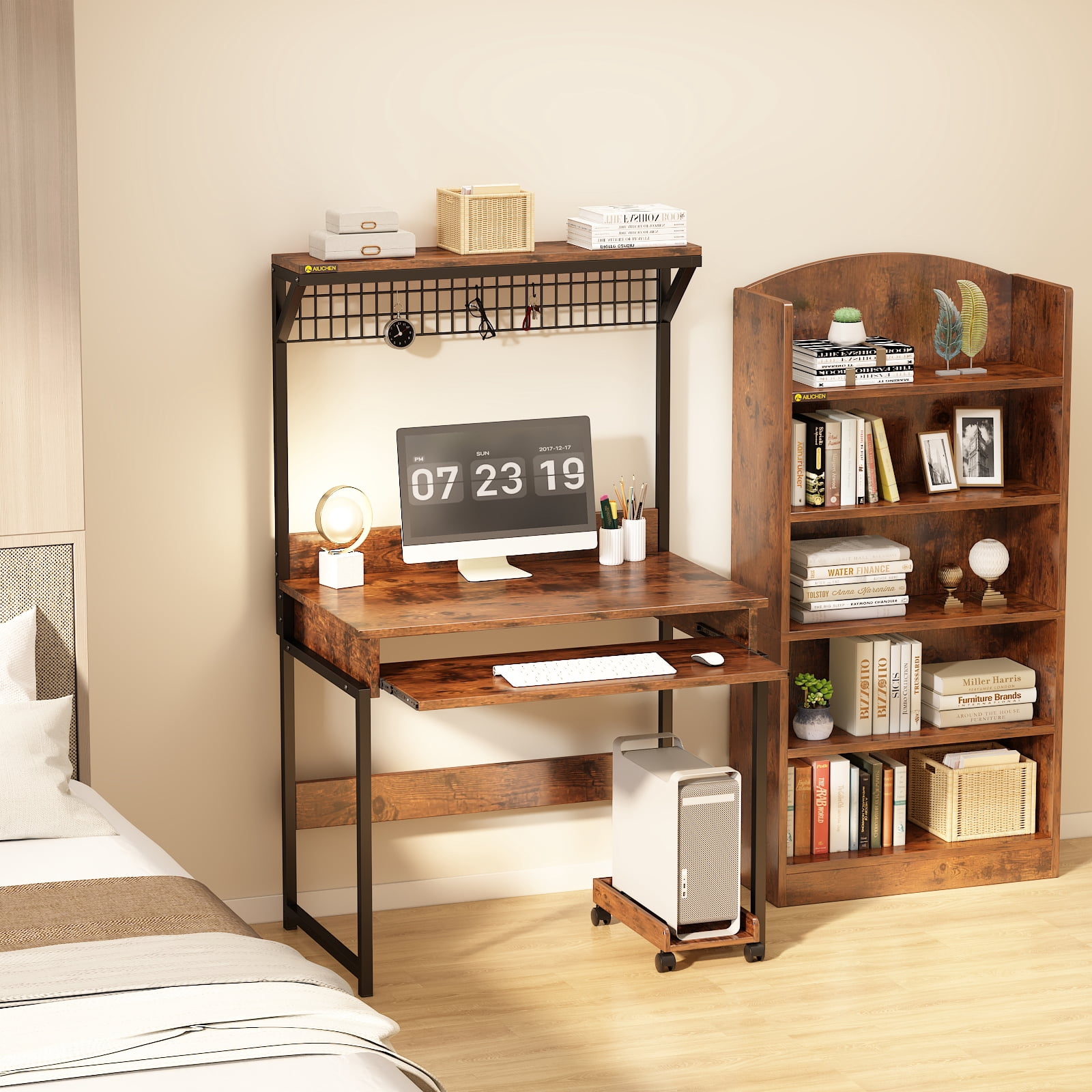 MIN EN WIN Retro Computer Desk with Storage Shelf and Keyboard Tray, Industrial Style Gaming Desk for Home Office, Rustic Brown