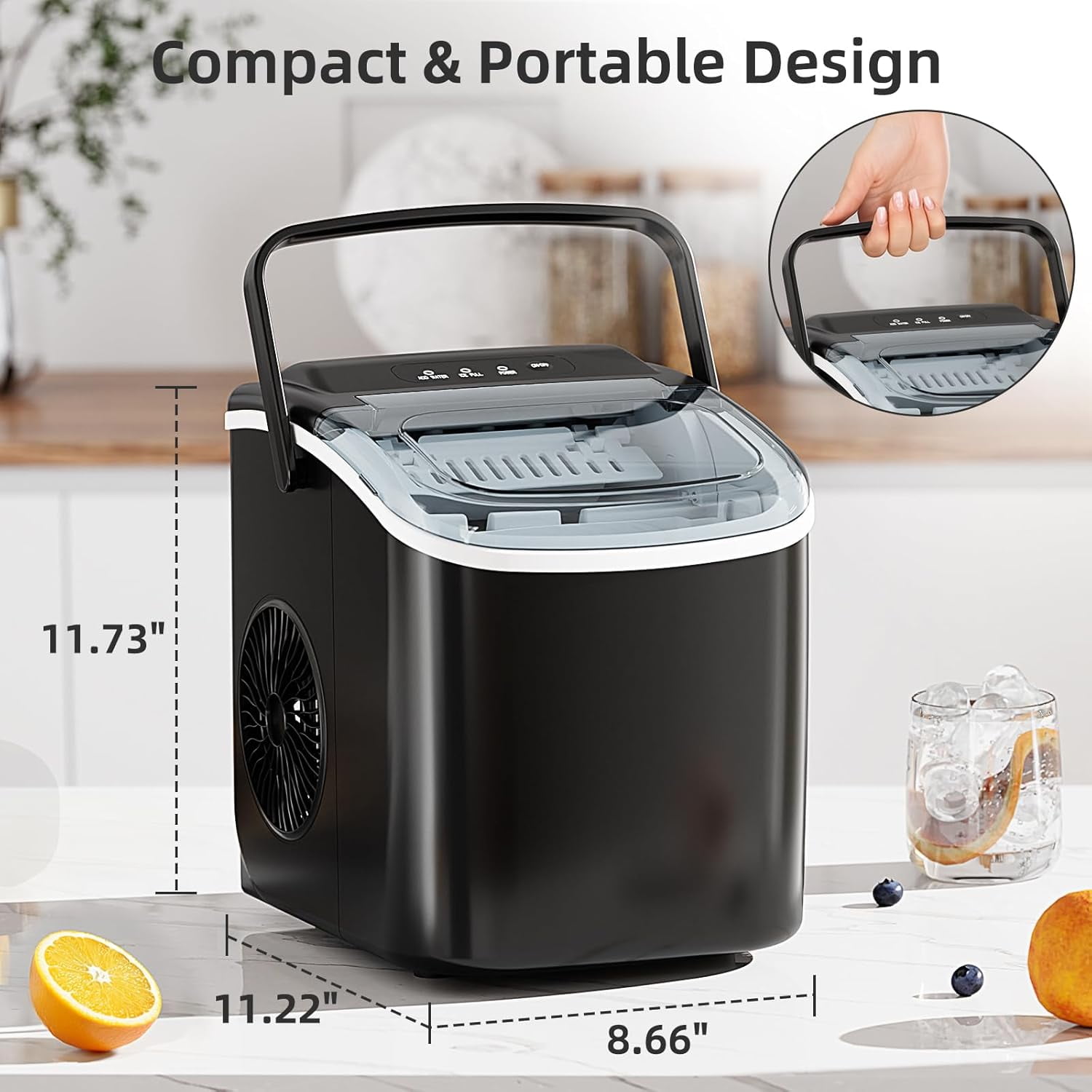 Portable Ice Maker Countertop, 26Lbs Daily, 9 Cubes in 6 Mins, Self-Cleaning with Carry Handle, Ice Scoop and Basket for Kitchen Office Party Black