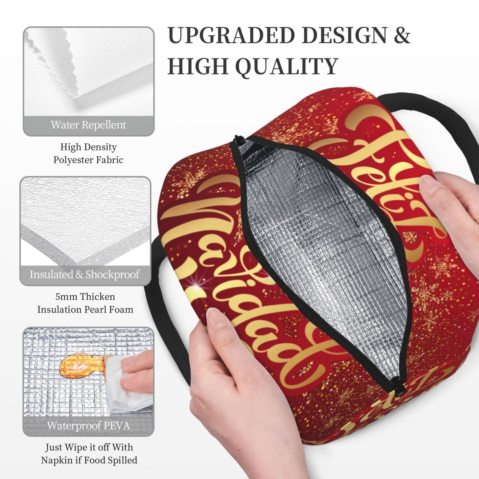 Horeoi Merry Christmas Pattern Large Insulated Lunch Bag for Work, School, Picnic - Waterproof, Durable Oxford Cloth, Comfortable Handle-Black