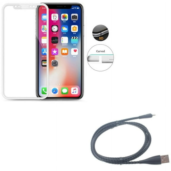 iPhone XS/X - 3ft Metal USB Cable w Tempered Glass Screen Protector - Charger Cord Power Wire Braided Sync Fast Charge, 5D Touch Curved Edge Full Cover Bubble Free Case Friendly 9H Hardness
