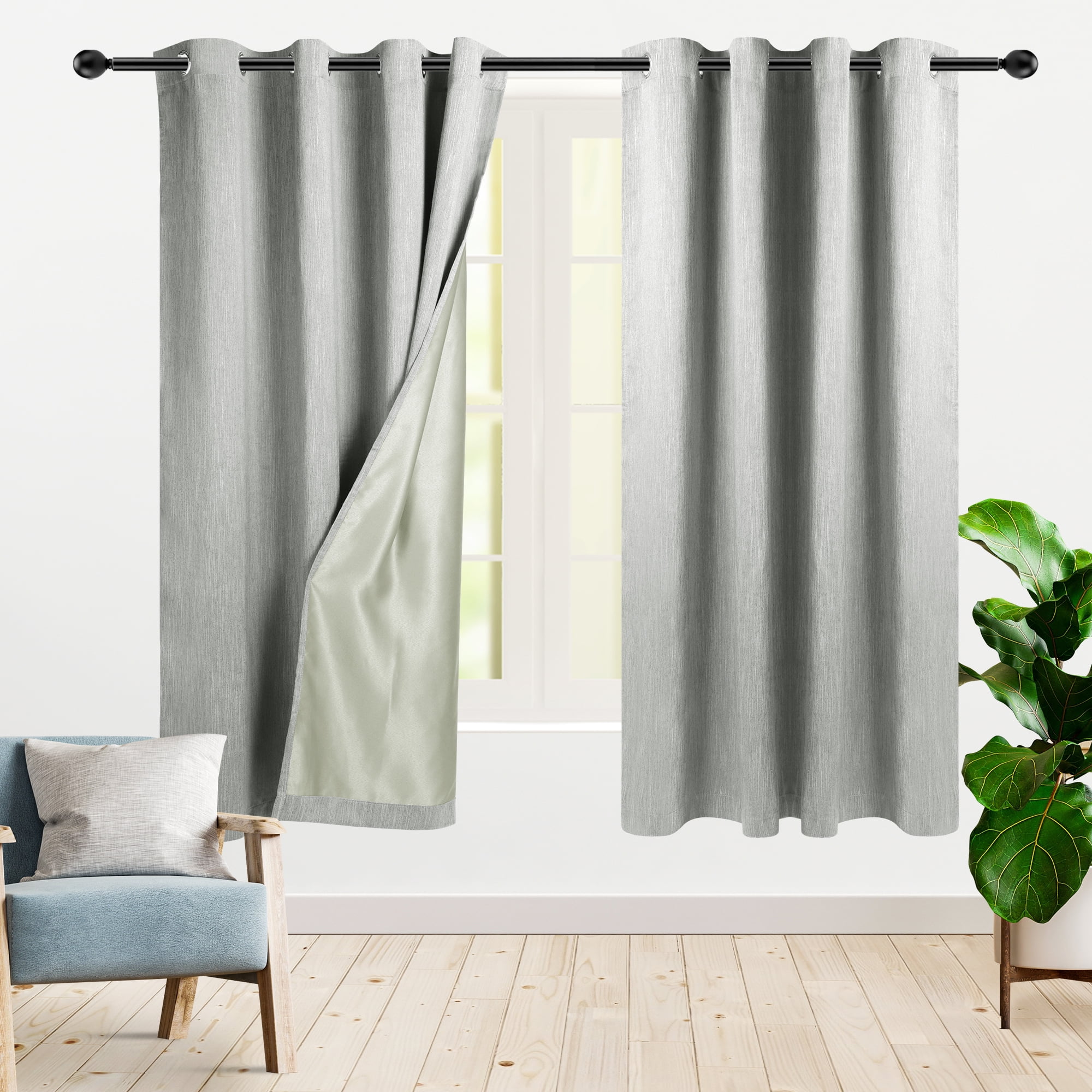 PiccoCasa 2 Panels Bedroom Linen Look Blackout Curtains Gray 52" x 63