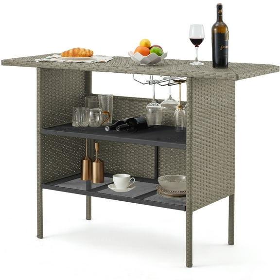 AVAWING Patio PE Wicker Rattan Bar Table w/ 2 Steel Shelves & Wine Rack, Gray