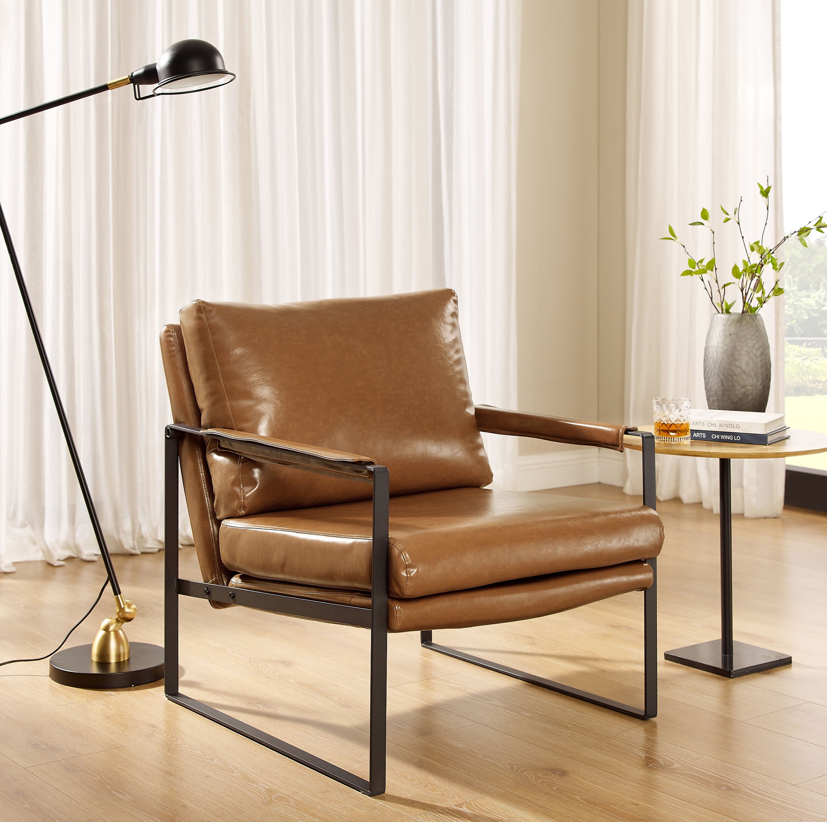 Art Leon Mid Century Accent Chairs Faux Leather Metal Lounge Chair for