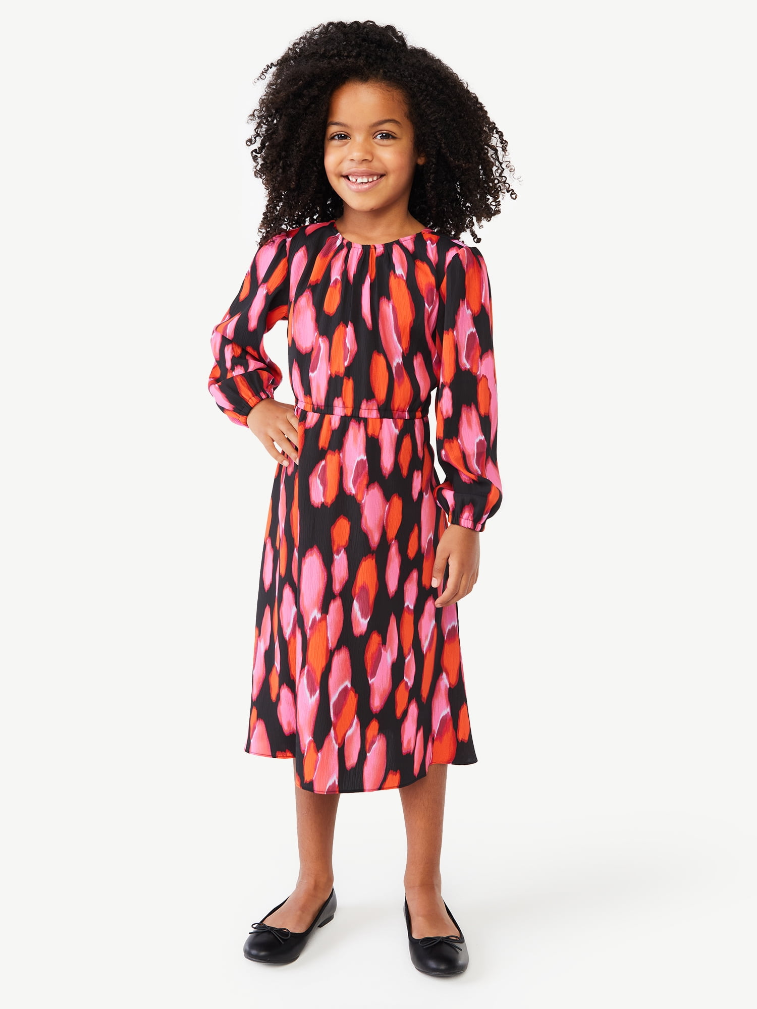 Scoop Girls Tie Waist Midi Dress with Long Sleeves, Sizes 412