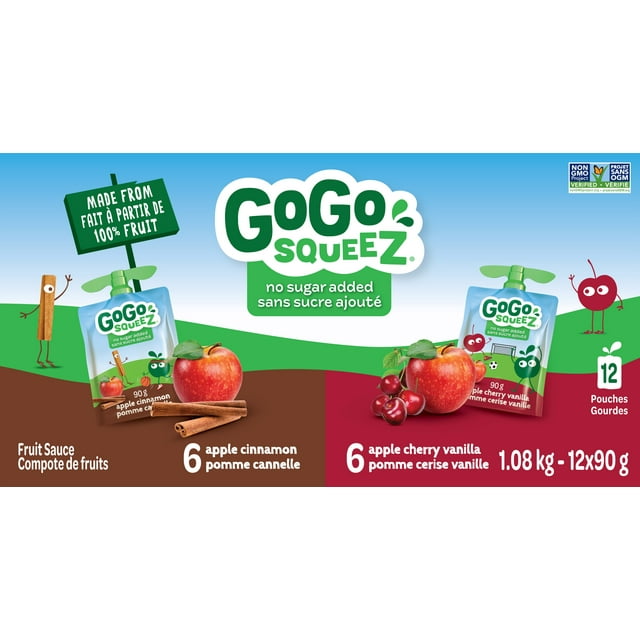 GoGo squeeZ Fruit Sauce Variety Pack, Apple Cinnamon, Apple Cherry Vanilla, No Sugar Added. 90g per pouch, 12 Pouches