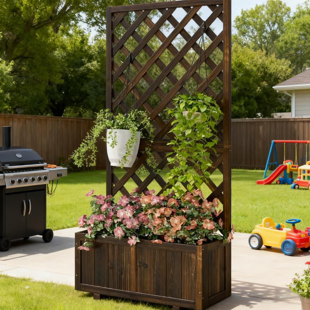 Garden Bed, Wooden Raised Garden Bed Planting Planter Box with Trellis and Drain Holes for Climbing Vine Plants