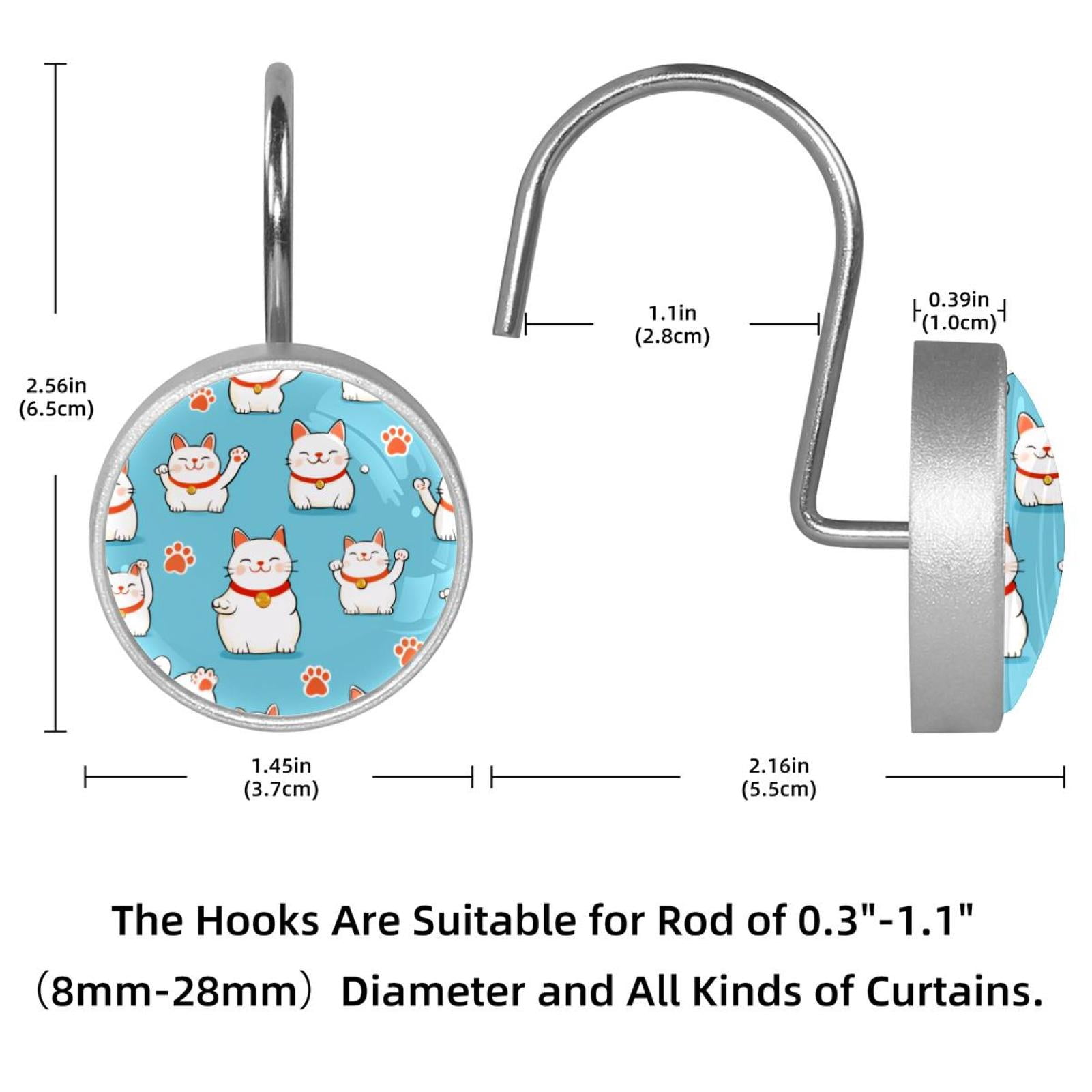 12pcs Decorative Shower Curtain Hooks, Rust Resistant Shower Rings for Bathroom Living Room,Rustproof Stainless Steel Rings for Shower Curtain and Liner Rods,Cartoon Lucky Cat Pattern